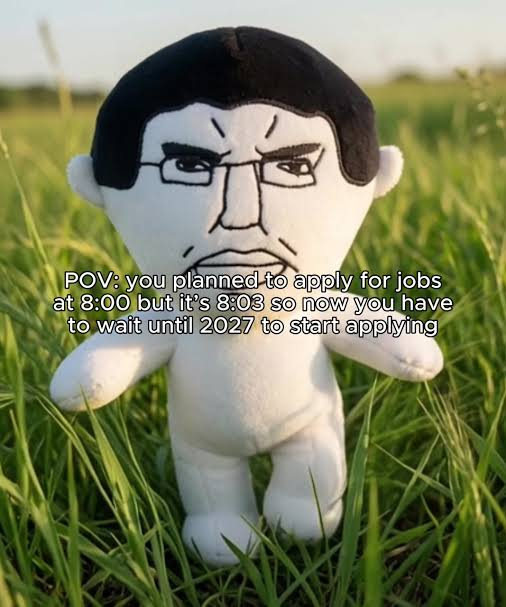 A plush toy resembling a grumpy man with glasses sits in a grassy field, captioned 'POV: you planned to apply for jobs at 8:00 but it's 8:03 so now you have to wait until 2027 to start applying'.