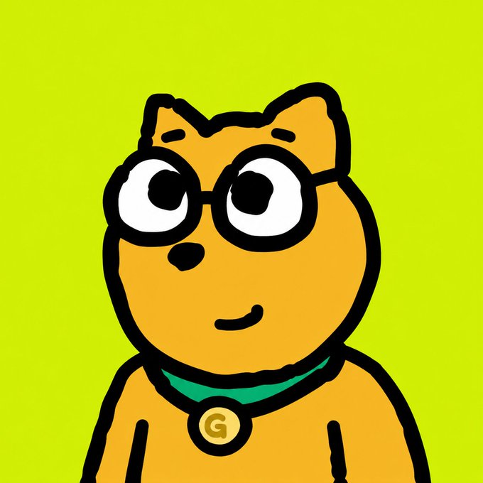 A cartoon orange cat wearing round glasses and a green collar with a gold 'G' pendant sits against a bright lime green background.
