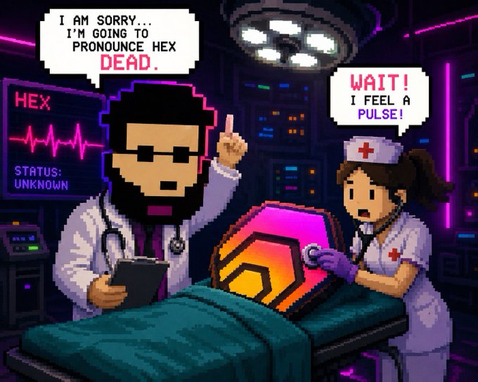 Pixel art scene of a doctor saying 'I AM SORRY... I'M GOING TO PRONOUNCE HEX DEAD' while a nurse replies 'WAIT! I FEEL A PULSE!' over a flatlined hexagonal patient monitor labeled 'HEX STATUS: UNKNOWN'.