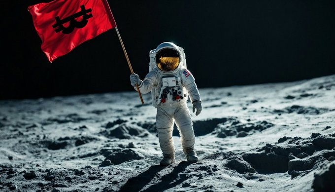 An astronaut plants a red flag on the lunar surface, symbolizing the project's achievement of clearing another major milestone in production and testing.