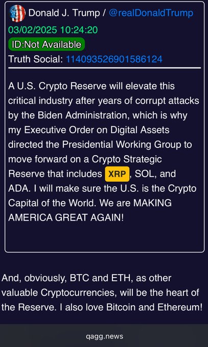 The image shows an email or text message from a person named Donald J Trump that includes a link to a webpage about Bitcoin. The message also mentions President Trump's recent post about Bitcoin, which has been shared by many people around the world. The main focus of the message is on the topic of Bitcoin and its potential impact on the future.