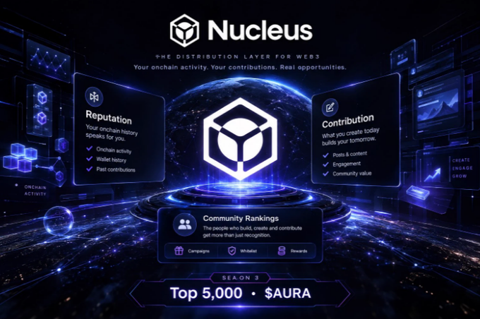 Promotional graphic for 'Nucleus' describing itself as 'THE DISTRIBUTION LAYER FOR WEB3', highlighting Reputation and Contribution metrics, Community Rankings, and a 'Top 5,000 · $AURA' Season 3 reward.