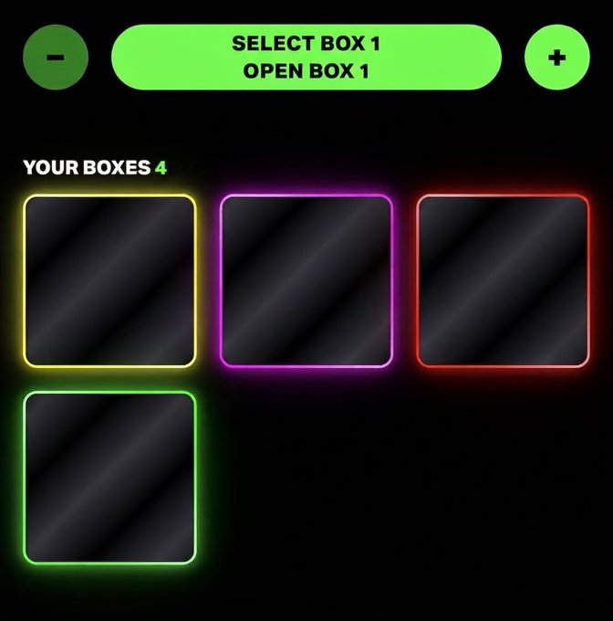 A digital interface shows a green button reading "SELECT BOX 1 / OPEN BOX 1" above four empty boxes outlined in yellow, purple, red, and green neon under the heading "YOUR BOXES 4".