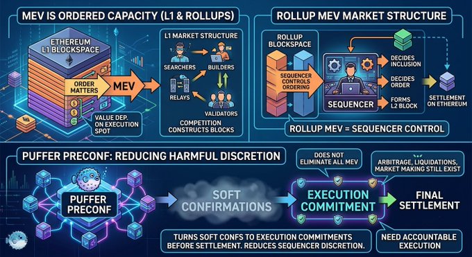 A technical infographic explains MEV (Maximal Extractable Value) in Ethereum L1 and rollups, covering order matters, L1 market structure, rollup blockspace, and Puffer Preconf reducing harmful sequencer discretion.
