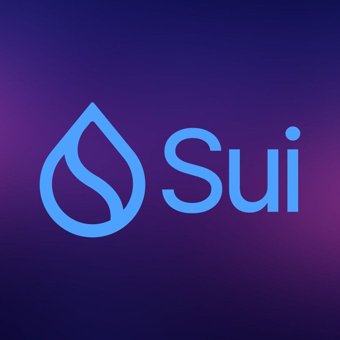 The Sui blockchain logo and name appear in light blue on a dark purple and magenta gradient background. The image accompanies a post celebrating SUI's recovery above $1 ahead of a Token2049 demonstration highlighting the network's high transaction throughput capabilities.