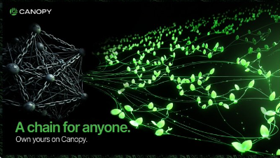 A Canopy promotional banner reading 'A chain for anyone. Own yours on Canopy,' featuring green plants sprouting from a network node structure.