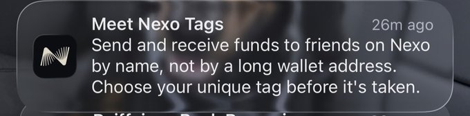 A mobile notification from the Nexo platform explaining 'Nexo Tags' for sending and receiving money to friends by name instead of a wallet address.