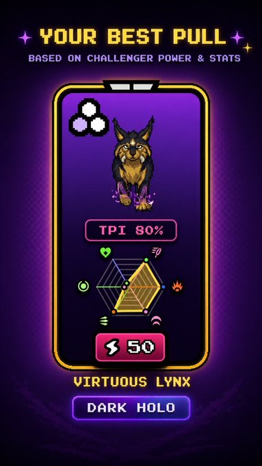 The image showcases a digital trading card pack opening reveal featuring a "Virtuous Lynx" card with an 80% TPI rating, classified as a "Dark Holo" with 50 Power, celebrating the high-value pull of user T5S3Holo. The pixelated German Shepherd-style lynx character is displayed with a stat radar chart and hexagonal icon against a purple background, emphasizing the card's impressive attributes.