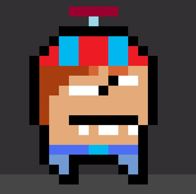 A pixel art character with brown hair, a red propeller hat, an angry face with missing teeth, and blue pants on a dark background.