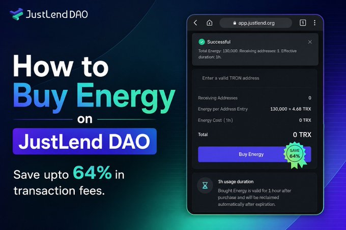 The image is a promotional graphic for JustLend DAO's "How to Buy Energy" guide, featuring a mobile screenshot of the buy energy interface at app.justlend.org that shows a successful transaction of 130,000 Energy costing 4.68 TRX per address, with a prominent "SAVE 64%" badge highlighting the discount in transaction fees.