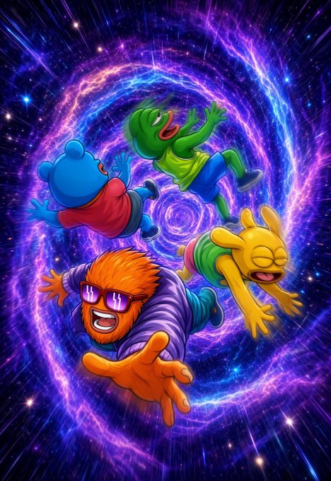 A vibrant digital illustration of cartoon characters including a blue bear, green frog, yellow bunny, and orange-haired figure flying through a purple and blue cosmic wormhole.