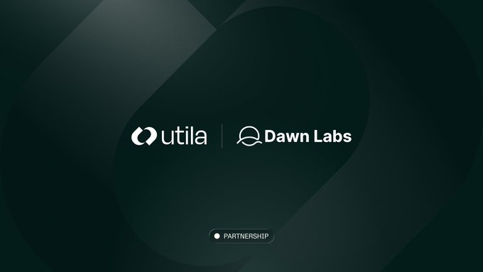 A dark-themed partnership announcement graphic displaying the Utila and Dawn Labs logos with a 'PARTNERSHIP' label at the bottom.