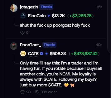 The image displays a Discord conversation where trader PoorGoat defends holding $CATE tokens (priced at $508.3K with +$473,637.42 gains) amid criticism from jotagezin about ElonCoin's $13.2K performance. The accompanying post about @fomo humorously highlights how FOMO-driven trading, like PoorGoat's refusal to rotate holdings despite massive gains, illustrates the addictive emotional pull of crypto speculation.