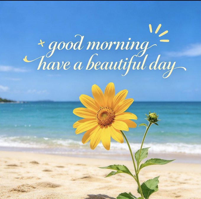 A greeting card image showing a yellow sunflower on a sandy beach with ocean waves, featuring the text "good morning have a beautiful day" in decorative script.