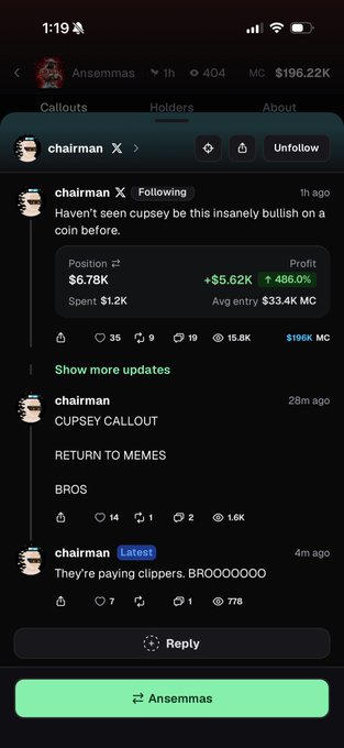 A screenshot of a social media feed showing posts from user 'chairman' about 'CUPSEY' with a position showing +486.0% profit and $5.62K gain.