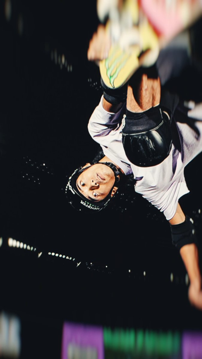 The image, displayed upside-down, shows a skateboarder mid-trick wearing a helmet and protective gear. It connects to the post by featuring a member of Team Tokyo, who are tied for first place with 1770 points heading into the X Games League 2026 Summer Championship.