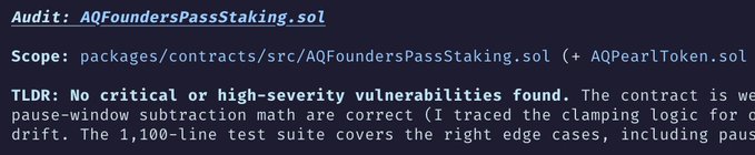 The image shows an email with a list of software packages that have been audited, specifically related to founder's pass stakes and pearl tokens. The text at the top of the email reads "Audit: AQ Founder's Pass Staking, ... Found vulnerabilities found." This suggests that there may be issues in one or more of these packages that need to be addressed.