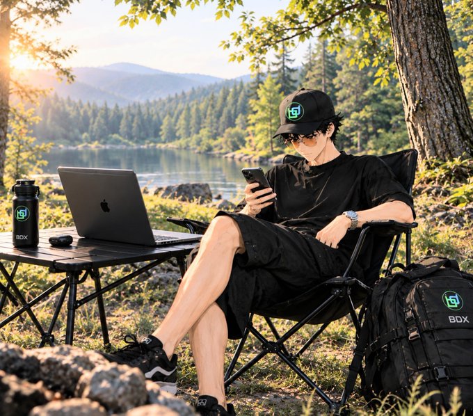 An illustration of a young man in black clothing, sunglasses, and a cap with a green logo sitting in a folding chair by a lake, using a smartphone, with a laptop and a black water bottle and backpack displaying the 'BDX' logo on the table beside him.