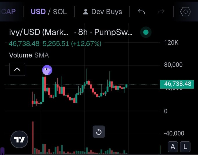 A TradingView chart shows ivy/USD on PumpSwap with an 8h timeframe, currently priced at 46,738.48 (up 12.67% at 5,255.51), accompanied by the caption "$ivy is about to rally" to suggest bullish momentum in the token's price action.