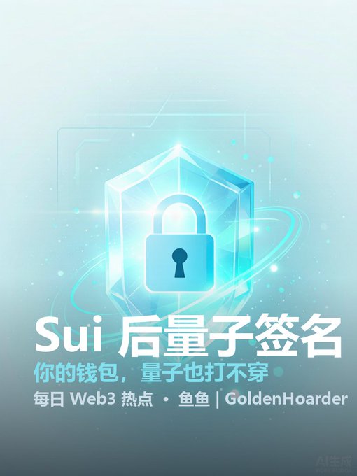 An advertisement in Chinese for Sui post-quantum signatures, with text 'Sui 后量子签名, 你的钱包, 量子也打不穿' and branding for GoldenHoarder.