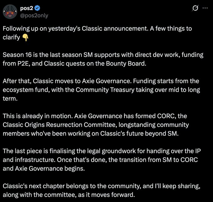 A screenshot of a tweet by 'pos2' (@pos2only) discussing the transition of Axie Classic from Sky Mavis to Axie Governance, mentioning Season 16, P2E funding, and the formation of CORC (Classic Origins Resurrection Committee).