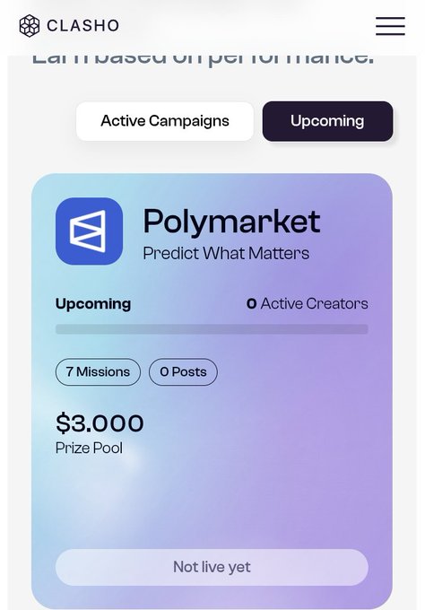 The image shows a Clasho platform interface featuring an upcoming Polymarket campaign titled "Predict What Matters," displaying a $3,000 prize pool across 7 missions and 0 posts, with a prominent "Not live yet" button. The visual reinforces the post's message about Clasho's transparency in showcasing upcoming campaigns ahead of time, highlighting the time creators have to prepare before the Polymarket campaign goes live.