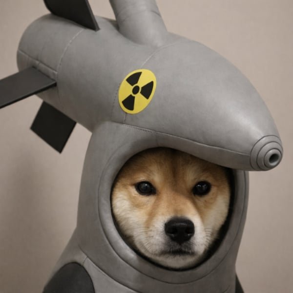 A Shiba Inu dog wearing a gray costume resembling a bomb or missile with a yellow radiation symbol and black fins.
