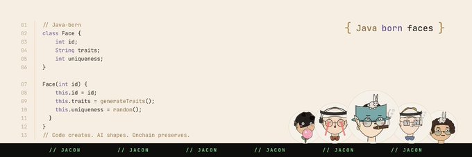 A code snippet in Java defining a 'Face' class with traits and uniqueness, alongside cartoon character avatars labeled 'Java born faces' with '// JACON' repeated at the bottom.