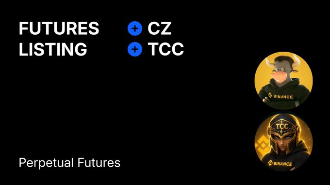 The image features a "Futures Listing" announcement on a black background, highlighting the tickers "CZ" and "TCC" in blue, with "Perpetual Futures" noted at the bottom. On the right side, two stylized Binance mascots—one with bull horns and another wearing a gold Spartan helmet—appear next to the respective ticker symbols, visually reinforcing the post's message about $CZ and $TCC being newly available on BingX Futures.