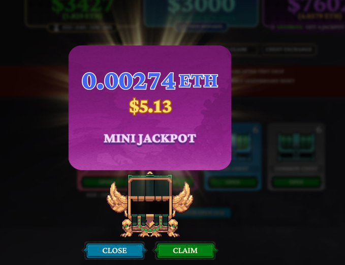 A digital gaming screen showing a 'MINI JACKPOT' win of '0.00274 ETH ($5.13)' with CLOSE and CLAIM buttons beneath a winged slot machine icon.