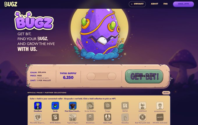 The Bugz NFT mint website on Unvault shows a 6,250 total supply on Solana at a free price (1 per wallet), with Hoodlums listed as one of 12 Official Phase 1 Partner Collections—including HODLUMS, Zoo Inu, First Class Frenchies, Script Kiddies, Fungi, BOY'SI, H0RTALS, The Little Guys, BYTD Rabbits, Typical Tigers, Skullchess, Alpha Dogs, Chamzles, Bad Ted yacht club, and HYRNTL Activated—eligible for the mint. The post announces that Hoodlums holders will receive 2% of royalties via Unvault's Divit system and can participate in the Bugz drop.