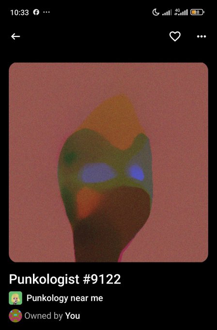 A digital artwork titled 'Punkologist #9122' from Punkology near me, featuring an abstract figure with colorful glowing patches in green, orange, purple, and red against a grainy pink background.