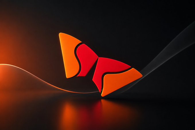 A 3D rendered logo featuring a red and orange bow-tie or butterfly shape against a dark background with flowing curved lines and orange lighting.