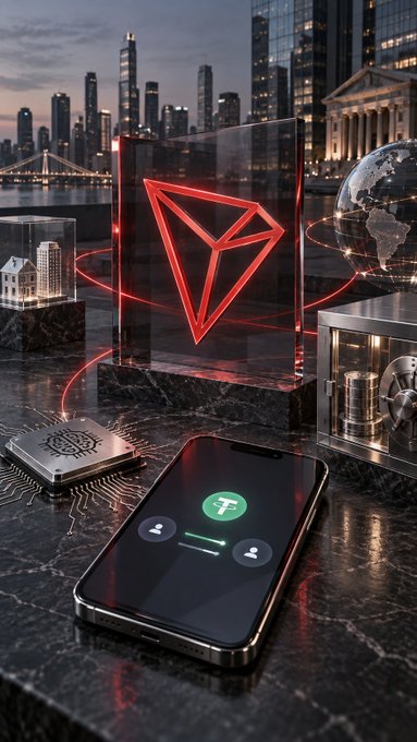 A digital artwork featuring a glowing red Tron (TRX) cryptocurrency logo in a glass cube, a smartphone displaying the Tron app, a microchip, and a cityscape backdrop.