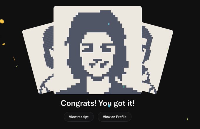 A pixel-art style trading card reveal shows a portrait of a hooded figure, with the text "Congrats! You got it!" above two buttons reading "View receipt" and "View on Profile," celebrating the user's new acquisition of @Brokersart NFT art.