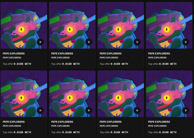 The image features a collection of eight different posters or digital art pieces that all showcase animals in unique colors such as pink, purple, blue, and green. These images are set against a black background, making them stand out prominently. The overall impression is one of artistic creativity and vibrant visuals. It appears to be a marketplace dedicated to selling animal-themed items, with prices ranging from 0.001eth to 0.11eth depending on the item's rarity and demand among collectors or enthusiasts. In some cases, the posted prices are in ETH, indicating that they might be digital artwork or prints created by professional artists. The post also provides information about where these items can be purchased; it references a website called "V3LCOR3" and is referred to as an "Opensea.io/collection/pep ..." marketplace, suggesting that this could be the preferred platform for acquiring such animal-themed art pieces or collectibles.