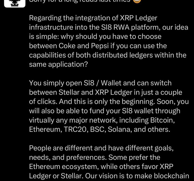 The image is a screenshot of a social media post discussing the integration of XRP Ledger infrastructure into the SI8 RWA platform, comparing it to having both "Coke and Pepsi" capabilities. It explains that users can open an SI8 Wallet and switch between Stellar and XRP Ledger networks, with future plans to support Bitcoin, Ethereum, TRC20, BSC, Solana, and other major networks. The post relates to the accompanying message by highlighting SI8's potential as a SocialFi platform on XRPL, promoting the user's profile link (sl8.online/invite/UMhM9w).