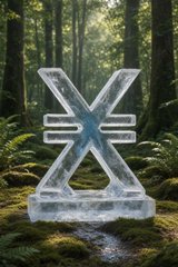An ice sculpture in the shape of an "X" or cross displayed in a mossy forest setting.