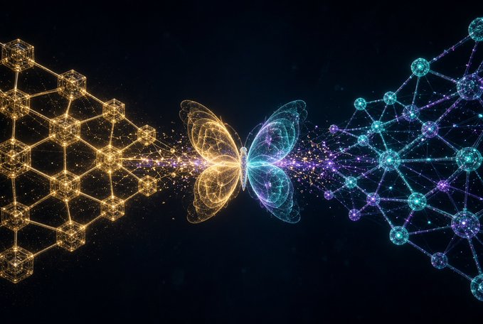 An abstract digital artwork featuring a butterfly made of colorful glowing particles, flanked by golden hexagonal cubes on the left and a teal and purple molecular network on the right.