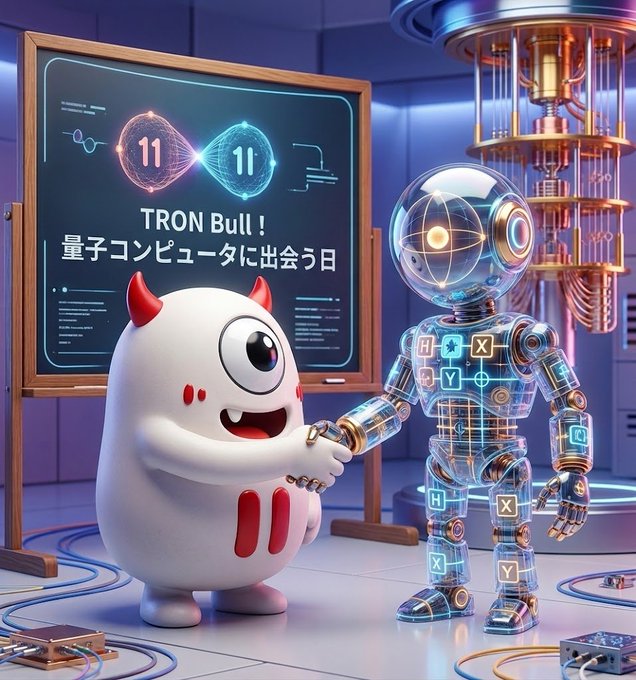 A 3D rendered image shows a cute white devil-like cartoon mascot shaking hands with a transparent robot, with a screen behind them reading 'TRON Bull！ 量子コンピュータに出会う日' (Day to meet a quantum computer).