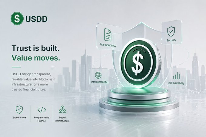 A promotional graphic for USDD featuring a green coin with a dollar sign on a pedestal, highlighting trust, transparency, security, interoperability, accountability, and stable value.