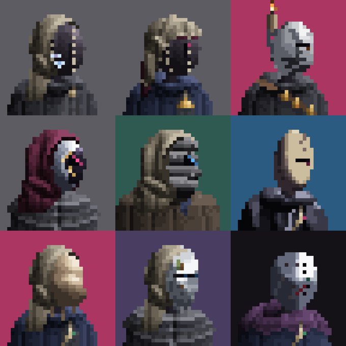 A 3x3 grid of pixel art character portraits depicting various masked or helmeted figures, including knights and cyborgs, each against a different solid background color.