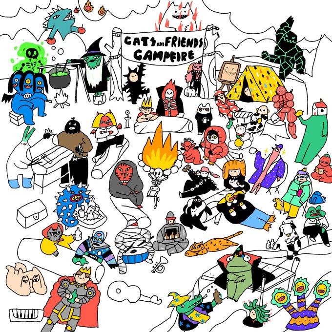 A colorful hand-drawn illustration titled 'Cats and Friends Campfire' showing various whimsical characters including cats, ghosts, a wizard, robots, and creatures gathered around a campfire and tents.