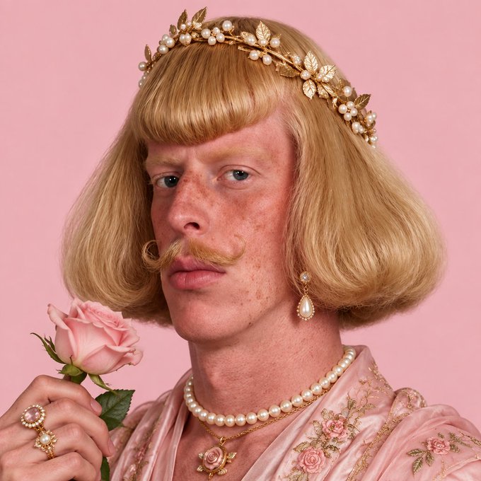 A surreal portrait of a red-haired, freckled man with a bowl haircut and curled mustache, adorned with pearls, a gold leaf crown, earrings, and rings, holding a pink rose against a pink background.