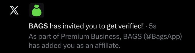 A X (Twitter) notification from BAGS (@BagsApp) announcing that the user has been added as a Premium Business affiliate and invited to get verified, aligning with the user's post declaring they are joining the "FOMO vs Pump.fun" competition on the side of Bags App.