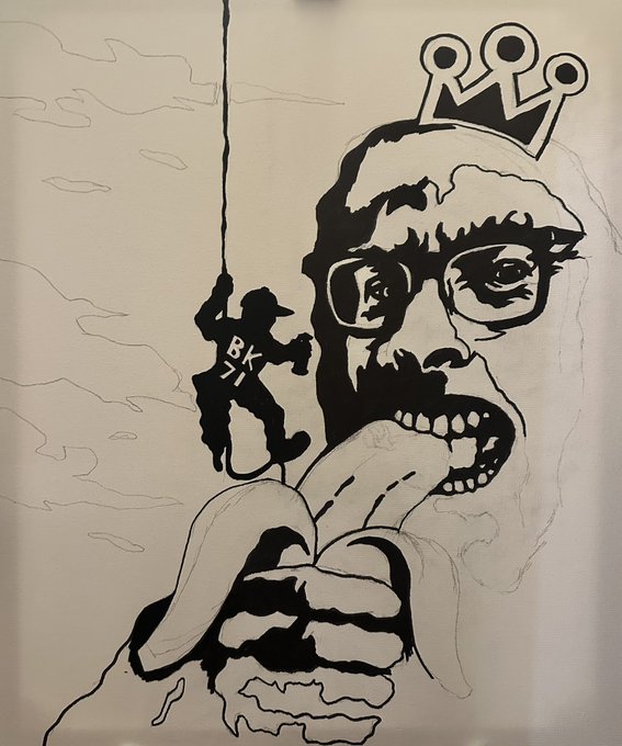 A black and white line drawing features a large screaming face with glasses and a crown, while a small silhouette of a climber wearing 'BK 71' scales a rope nearby.