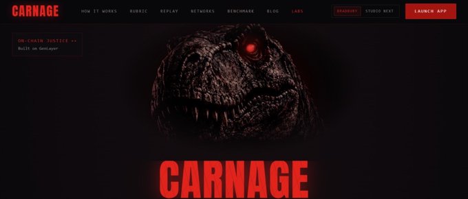 A dark website header for 'CARNAGE' features a menacing reptilian creature with a glowing red eye in the center, with navigation links and a 'LAUNCH APP' button visible.
