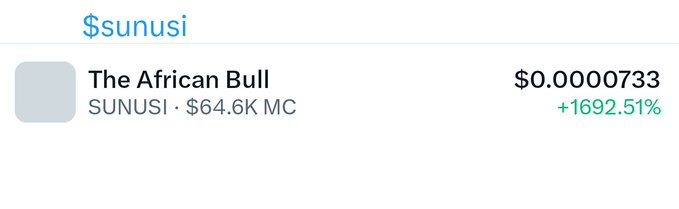 A screenshot displays a cryptocurrency listing for "The African Bull" with ticker symbol $SUNUSI, showing a price of $0.0000733 and a remarkable gain of +1692.51%, with a market cap of $64.6K under the "$sunusi" header.
