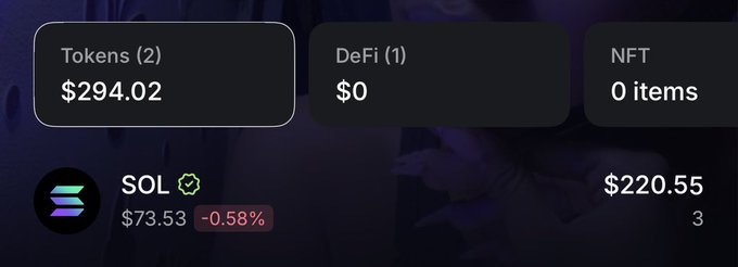 A cryptocurrency portfolio dashboard displays total holdings of $294.02 across 2 tokens, with DeFi and NFT sections showing $0 and 0 items respectively, while SOL (the featured asset) is valued at $73.53 (-0.58%) totaling $220.55 with "3 SOL" highlighted, directly referencing the poster's offering of "3SOL on the line" as a stake.