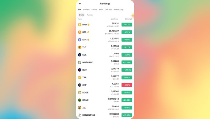 A mobile app screenshot showing a cryptocurrency rankings page with categories like Hot, Gainers, Losers, New, 24h Vol, and Market Cap, listing coins including BNB ($603.31), BTC ($65,185.27), ETH ($3,924.51), TUT, SOL, and others with their 24-hour price changes.